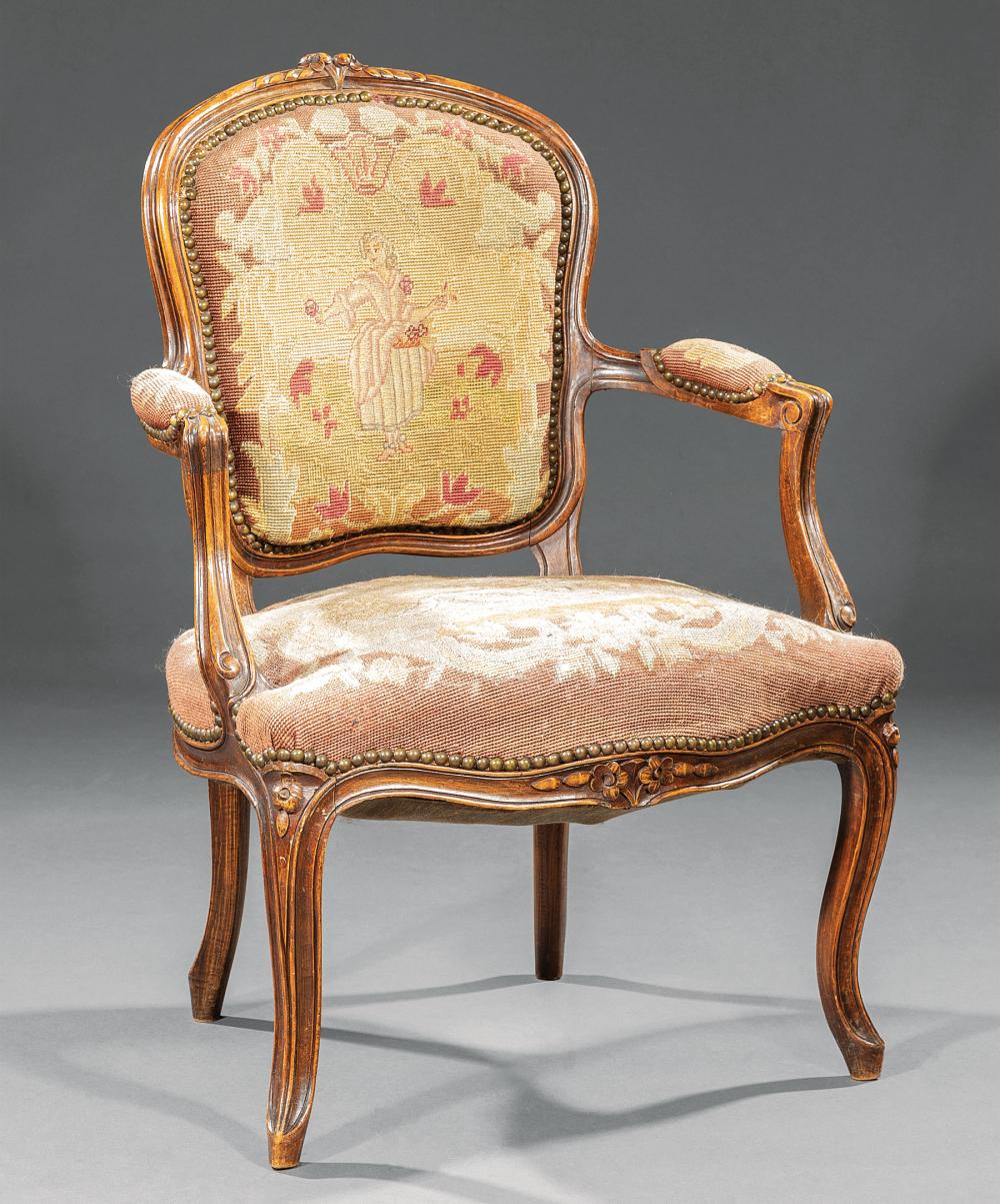 LOUIS XV STYLE CARVED WALNUT FAUTEUILAntique 31a92a