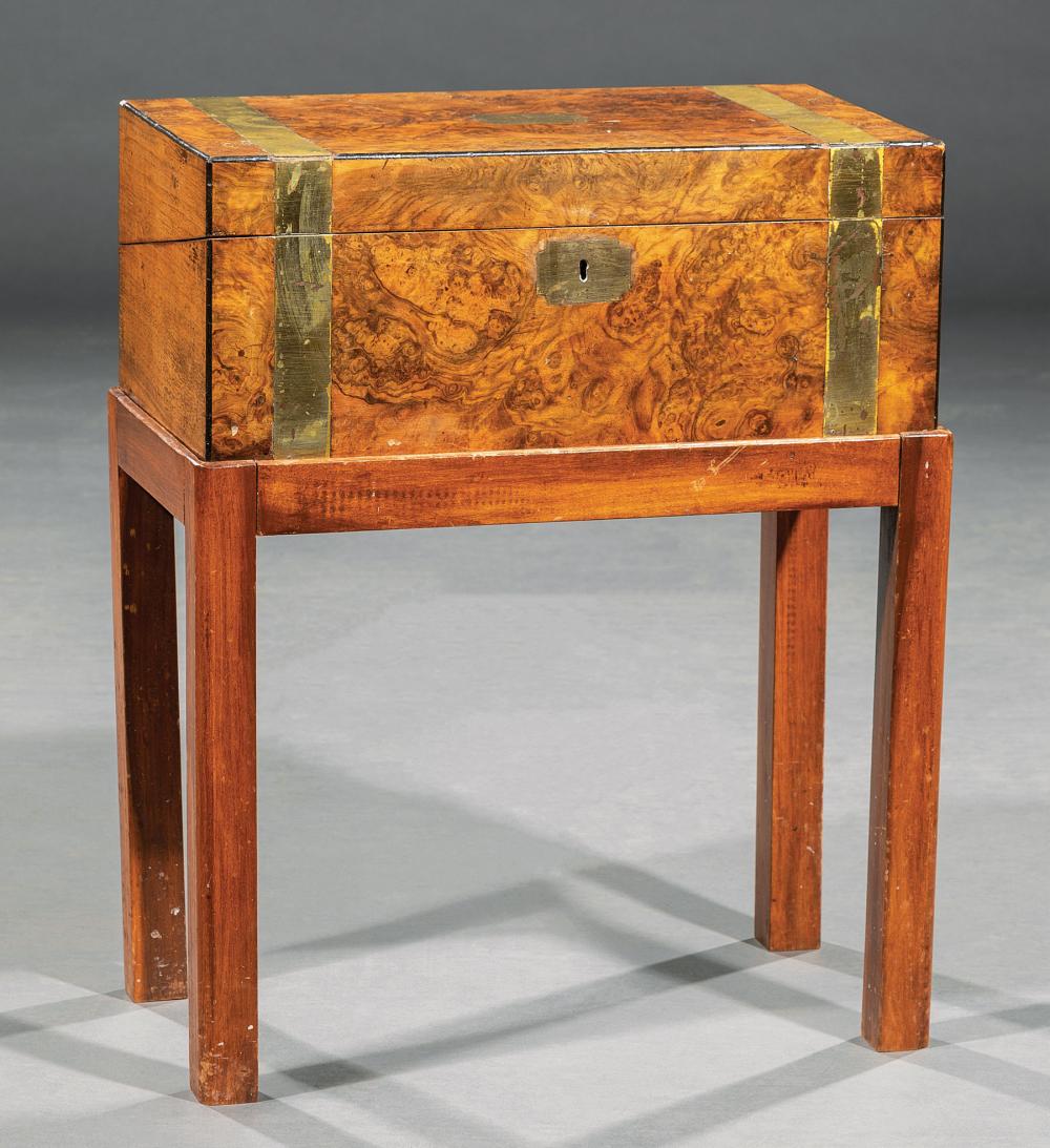 ENGLISH BRASS-BANDED BURLED WALNUT LAP