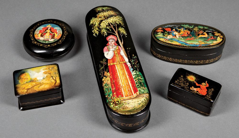 FIVE RUSSIAN LACQUERED BOXESFive