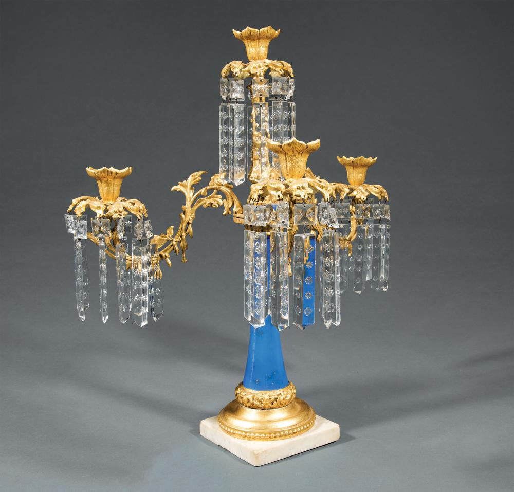 GILT METAL AND BLEU OPALINE GLASS