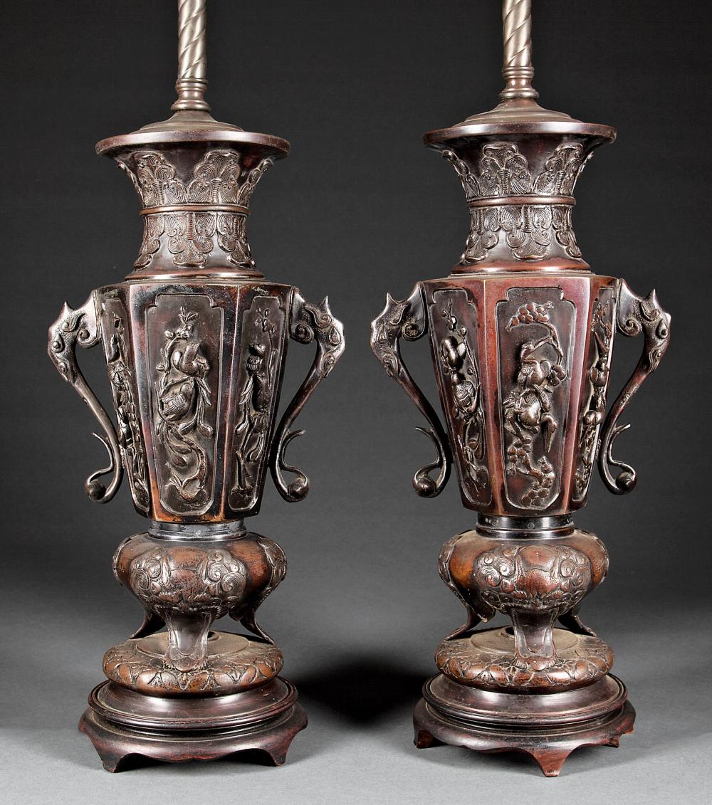 PAIR OF JAPANESE PATINATED BRONZE