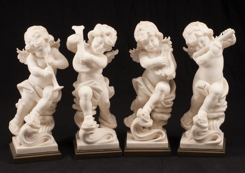 CARVED WHITE MARBLE PUTTI PLAYING