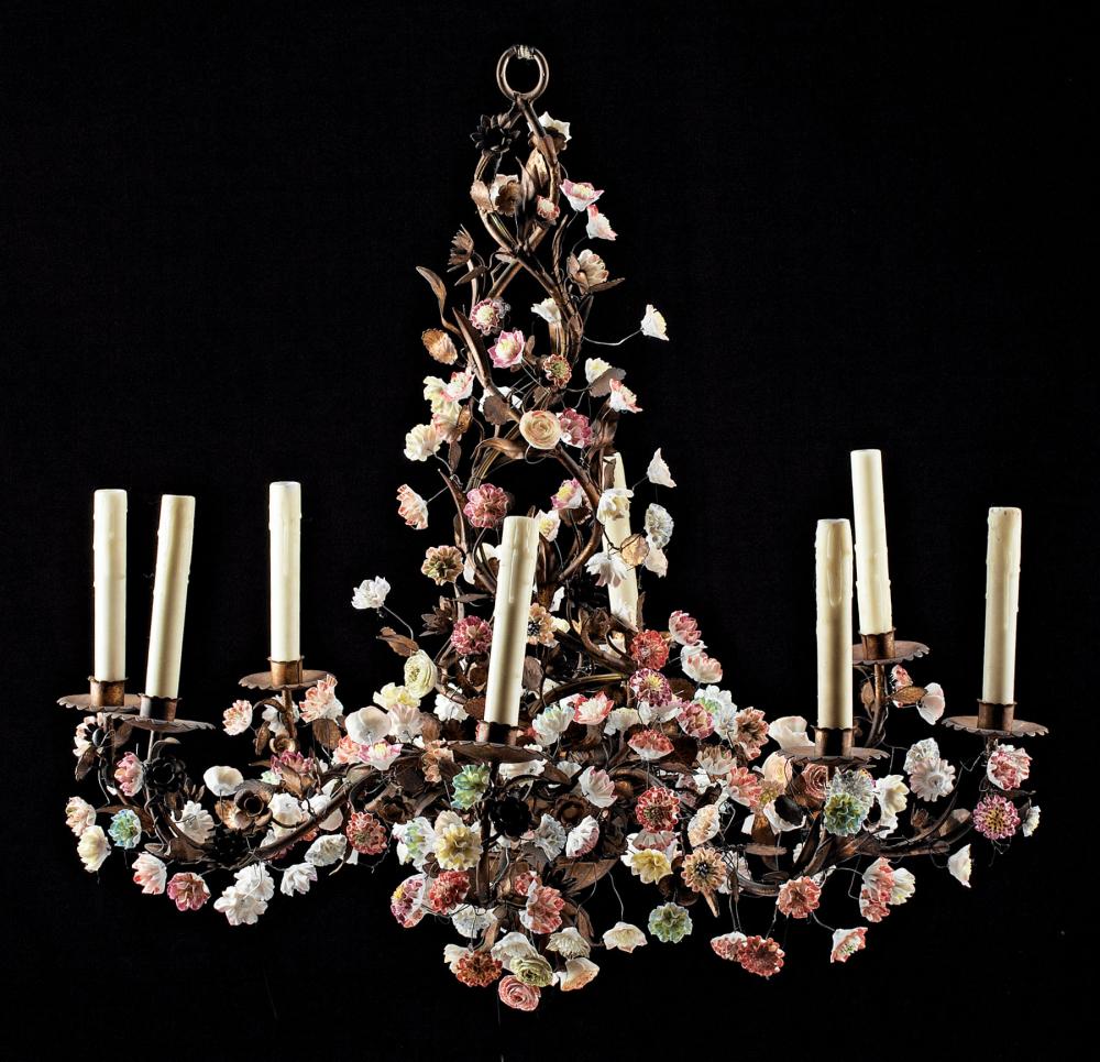 PORCELAIN MOUNTED GILT METAL CHANDELIERFrench 31ae76