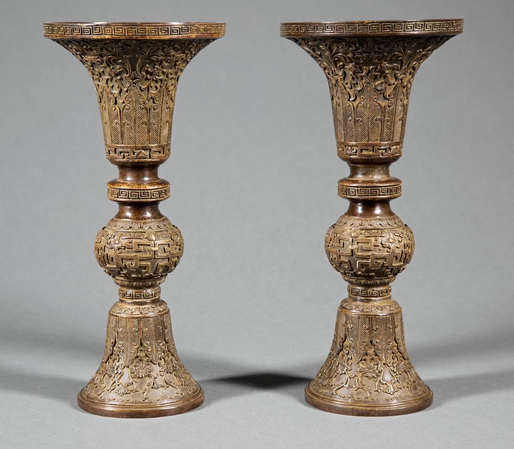 PAIR OF CHINESE BRONZE GU VASESPair