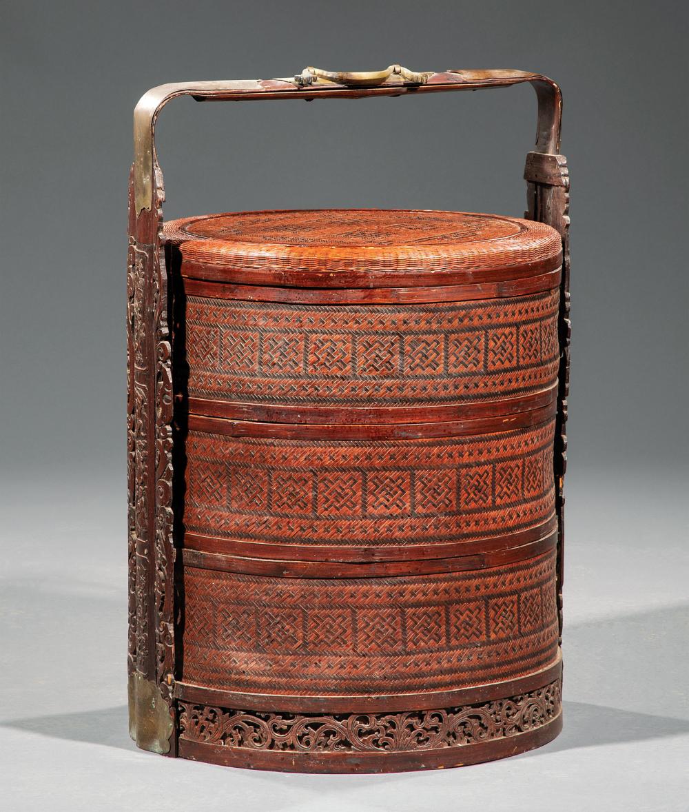 CHINESE BRASS-MOUNTED BAMBOO AND WICKER