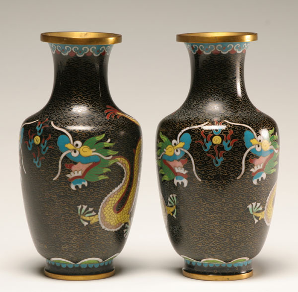Pair cloisonne vases; paired dragons
