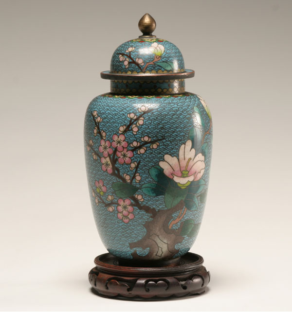 Antique cloisonne jar; lid with brass