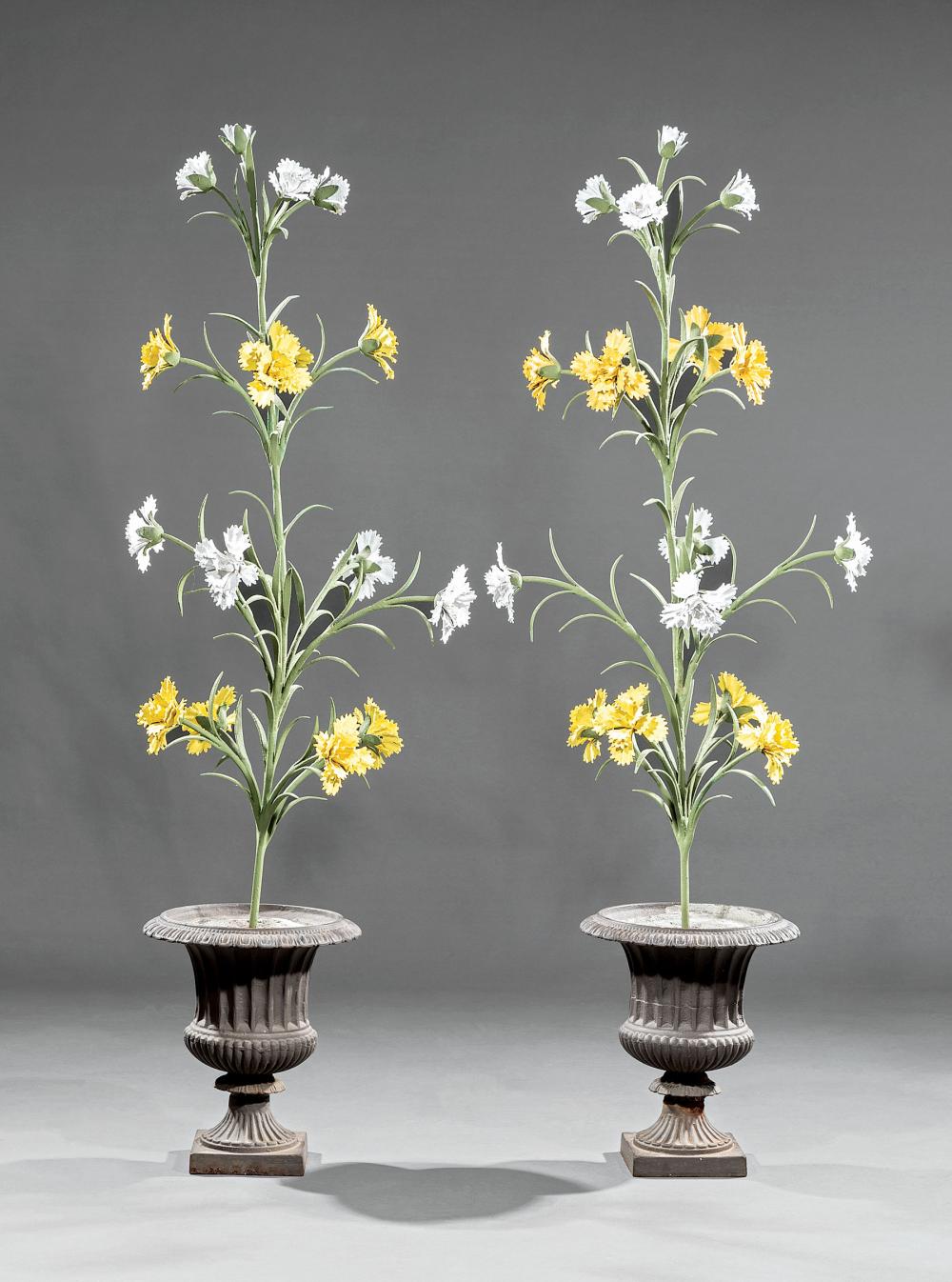 FRENCH CAST IRON URNS WITH FLORAL SPRAYSPair