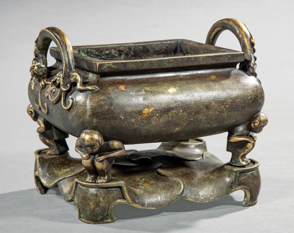 CHINESE GILT AND PATINATED BRONZE CENSERChinese