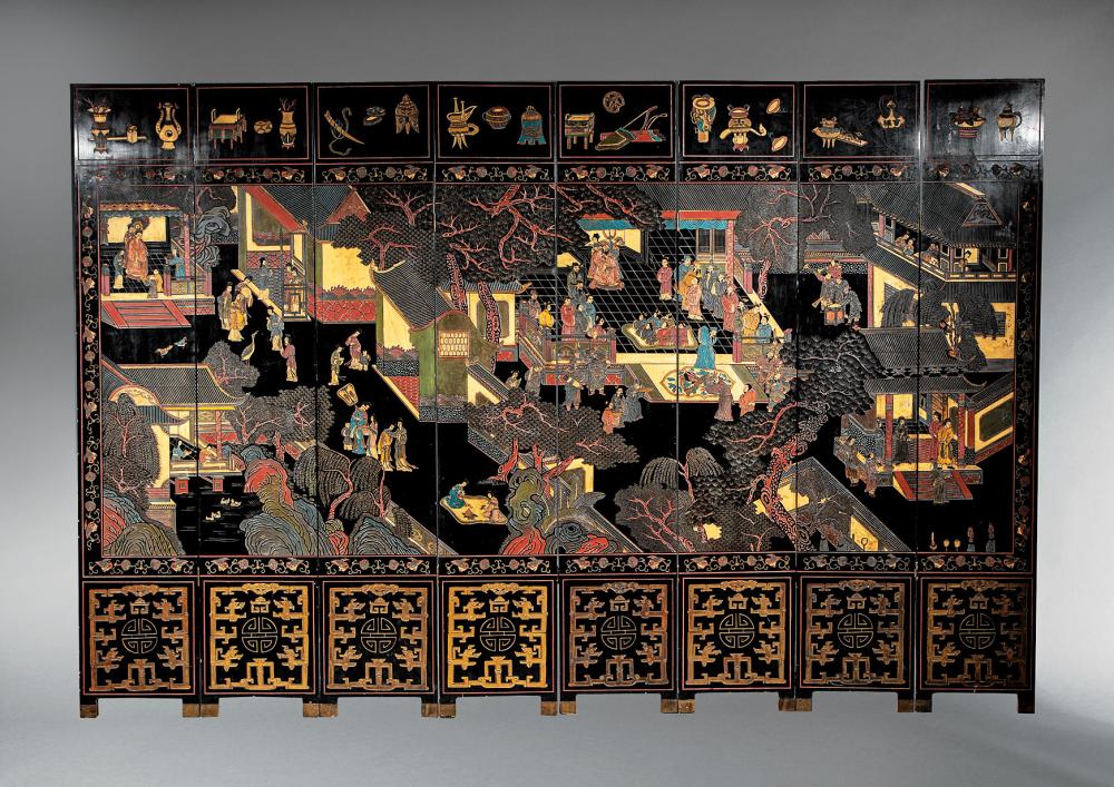 CHINESE CARVED LACQUER EIGHT PANEL