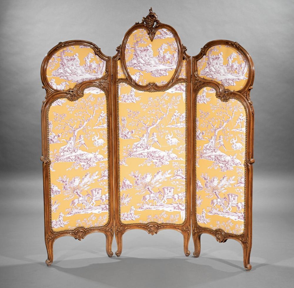 LOUIS XV-STYLE CARVED WALNUT THREE-PANEL