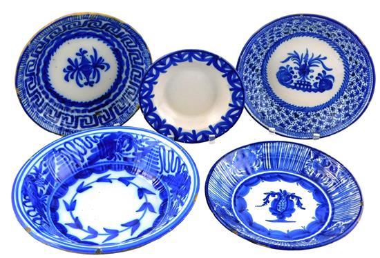 FIVE SPANISH BLUE AND WHITE DISHES,