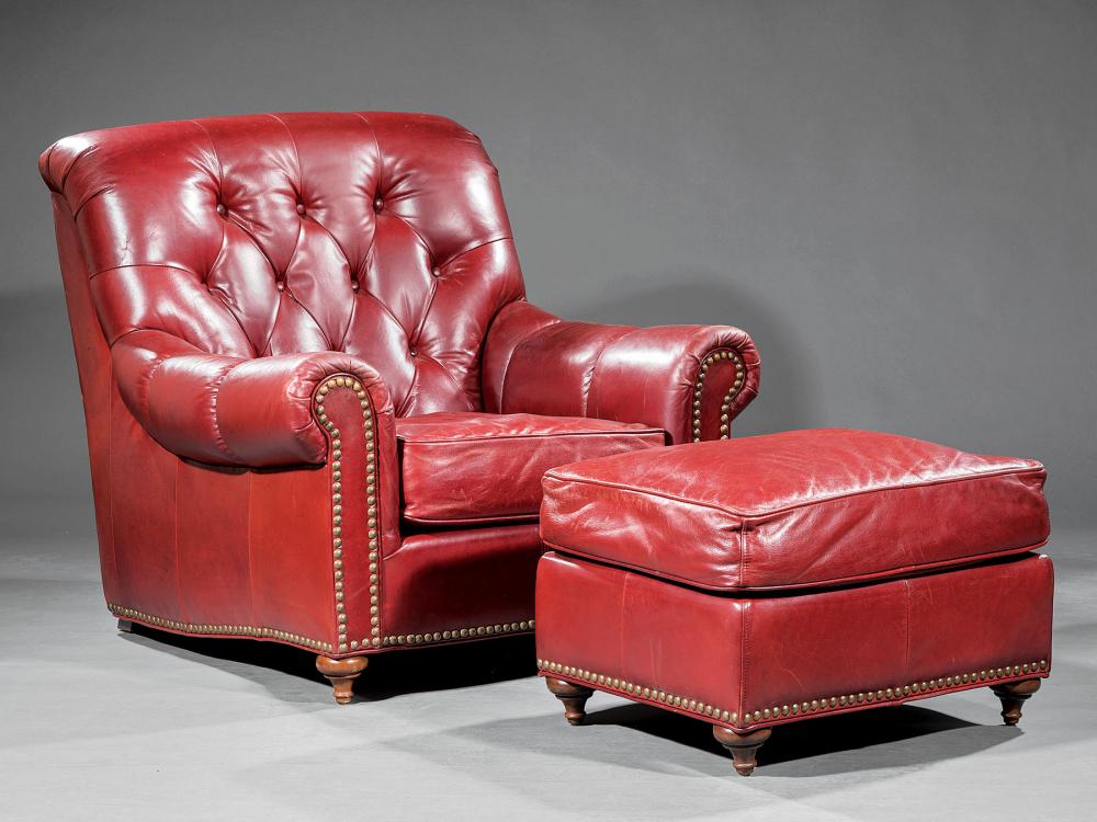 LEATHER CLUB CHAIR AND OTTOMANVintage