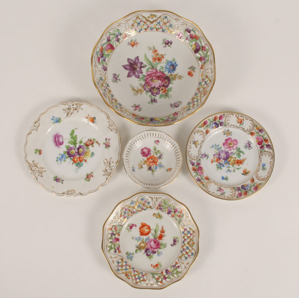 Dresden porcelain items; three plates,
