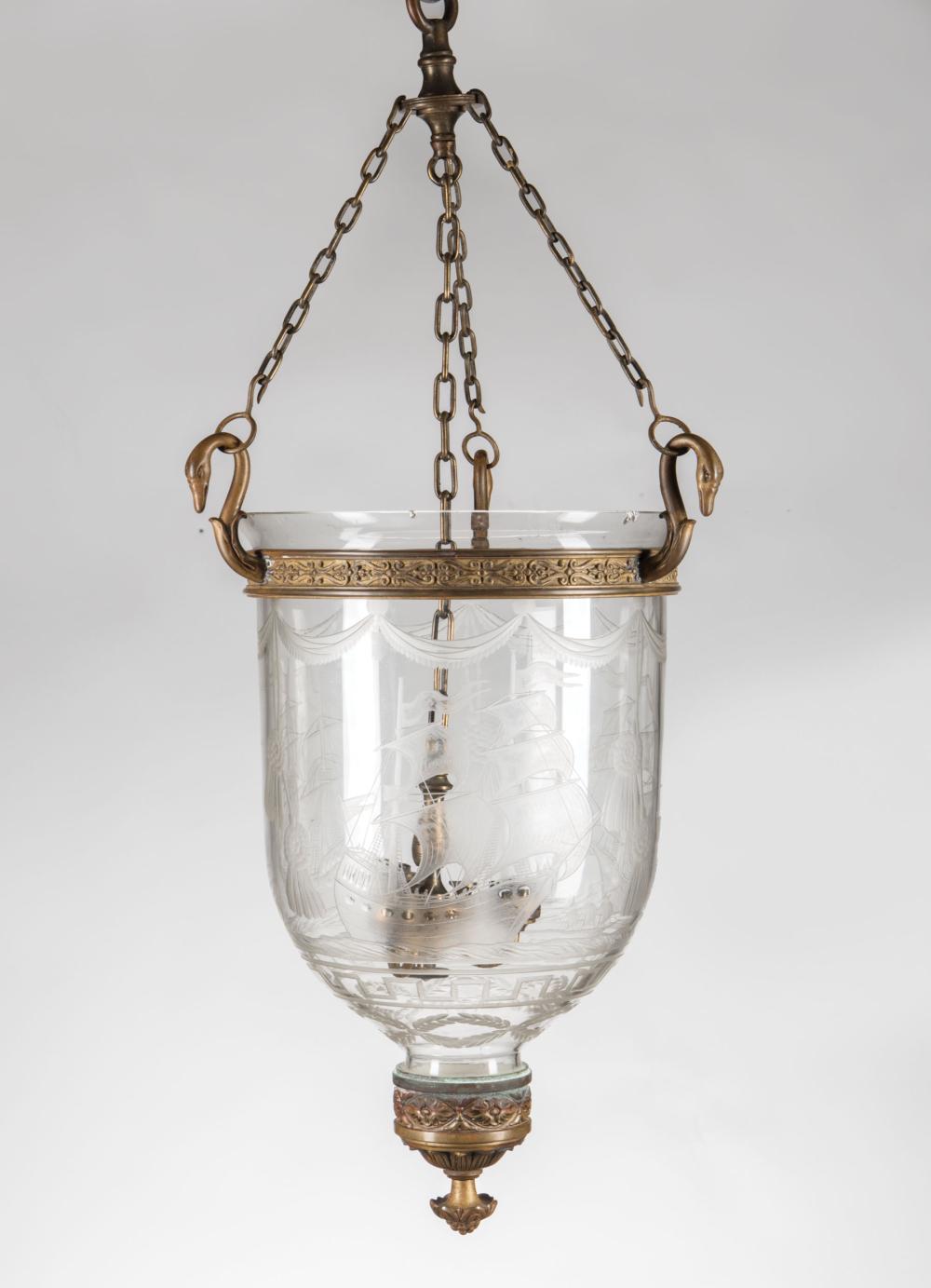 ENGLISH BRASS, ETCHED GLASS HALL LANTERNAntique