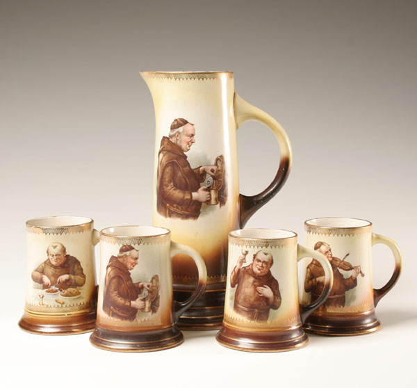 Tavern pitcher and four mug set;