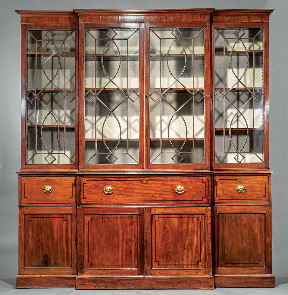 INLAID MAHOGANY BREAKFRONT BOOKCASEGeorge