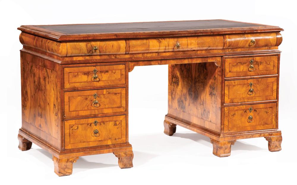 BURLED AND FIGURED WALNUT PEDESTAL DESKWilliam