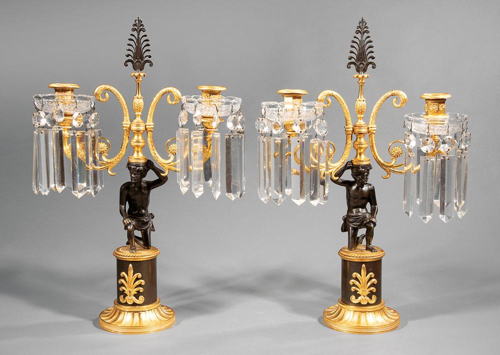 GILT AND PATINATED BRONZE CANDELABRAPair