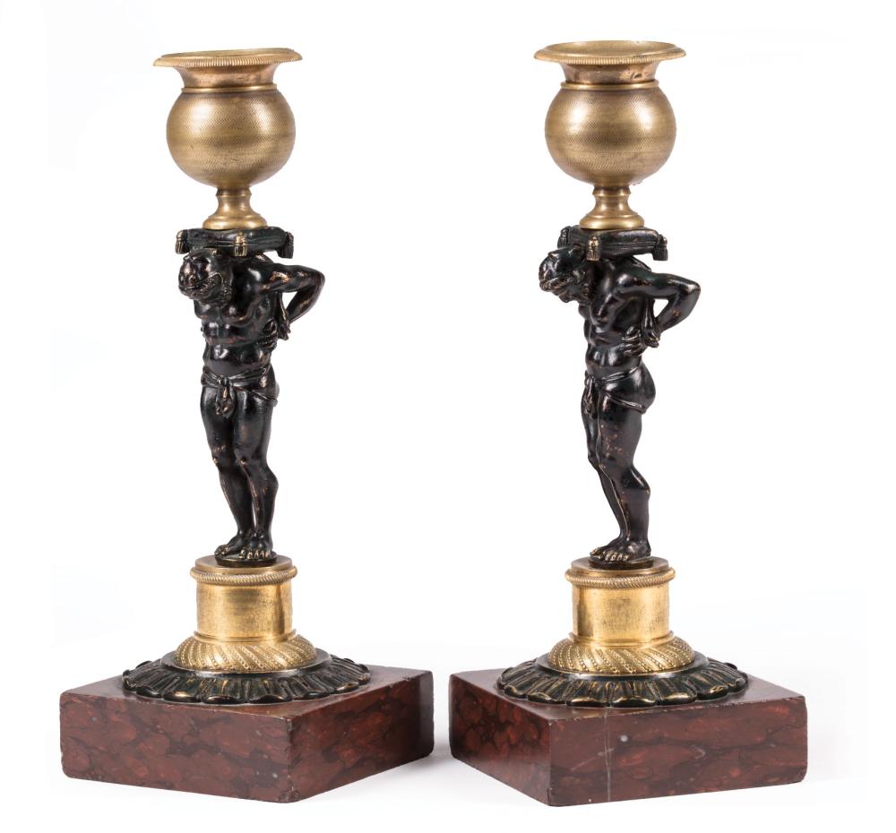 PATINATED BRONZE ROSSO ANTICO CANDLEHOLDERSPair
