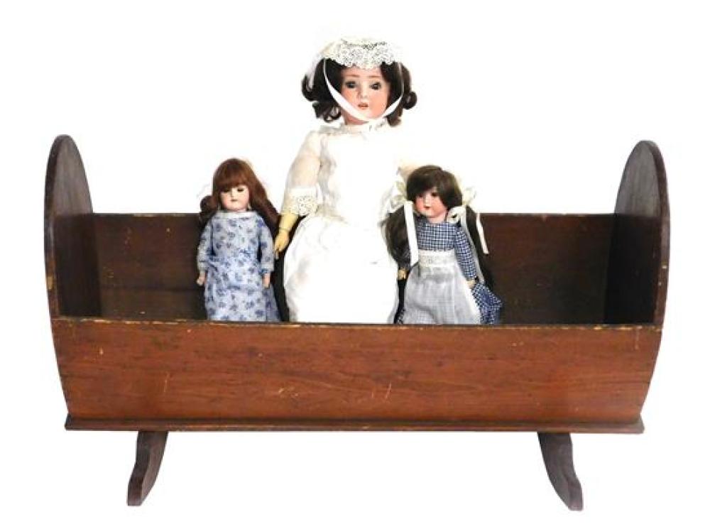 DOLLS: 19TH C. AMERICAN CRADLE AND THREE