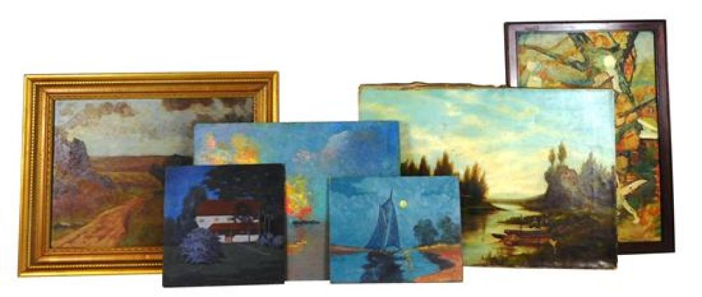 SIX OIL PAINTINGS, ASSORTED SUBJECTS