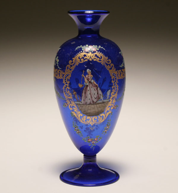 Murano 1950s blue glass vase with enamel