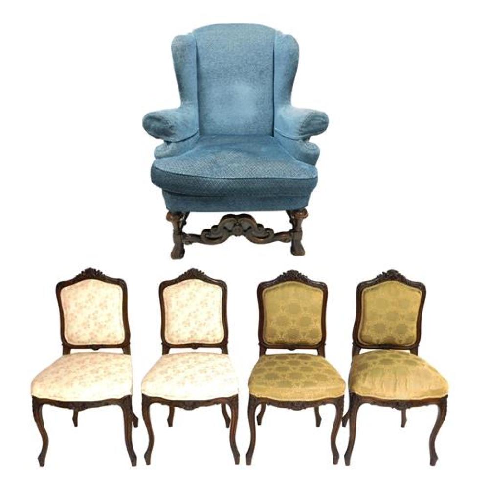 FIVE UPHOLSTERED CHAIRS, ONE WING