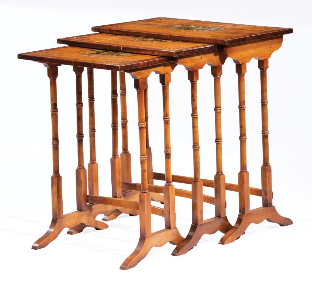 POLYCHROMED SATINWOOD NESTING TABLESAntique 31b591