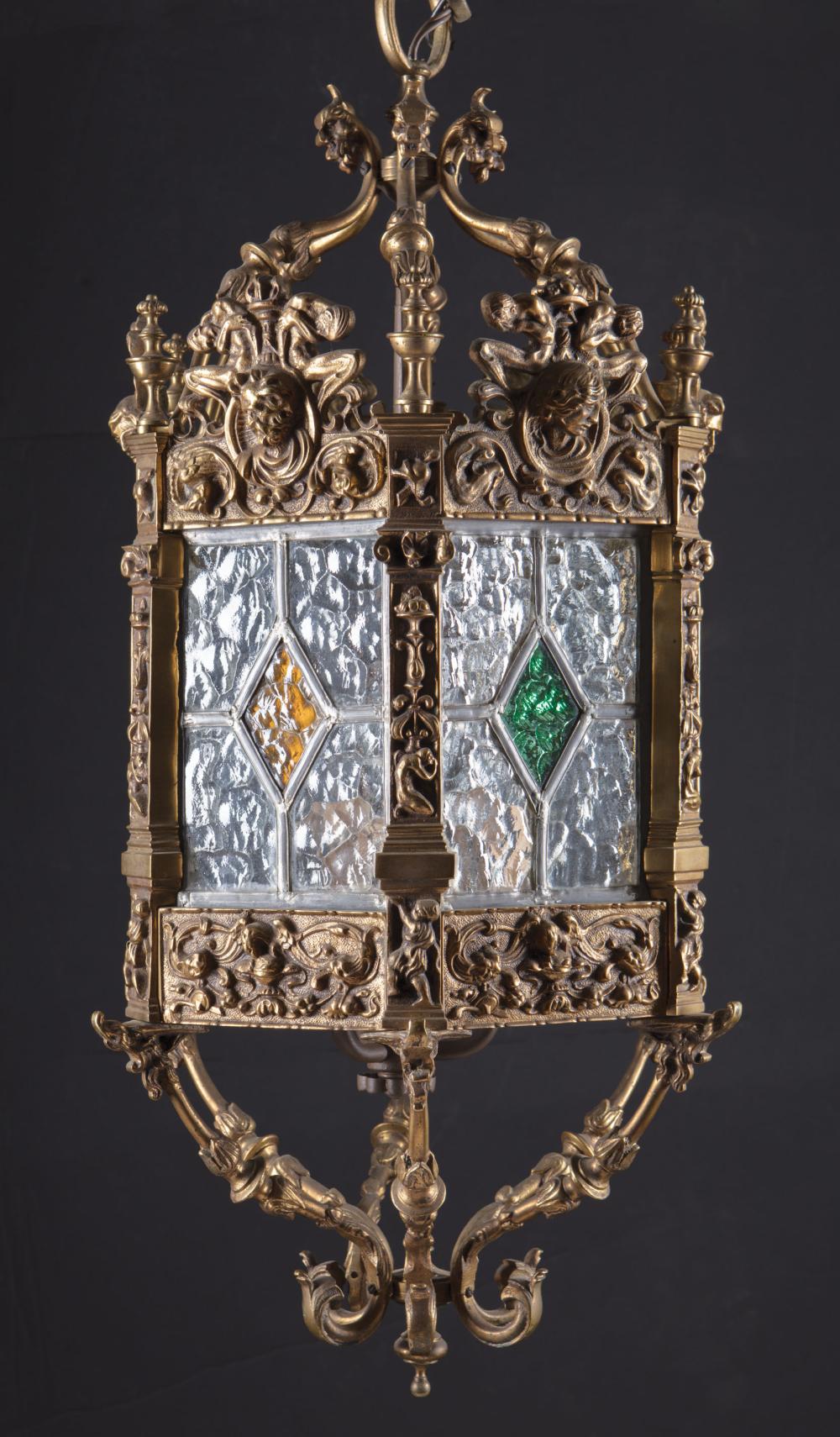 BRONZE AND LEADED GLASS HALL LANTERNEnglish