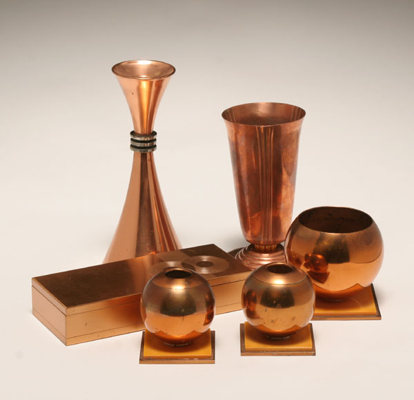 Six pieces Modernist copper including