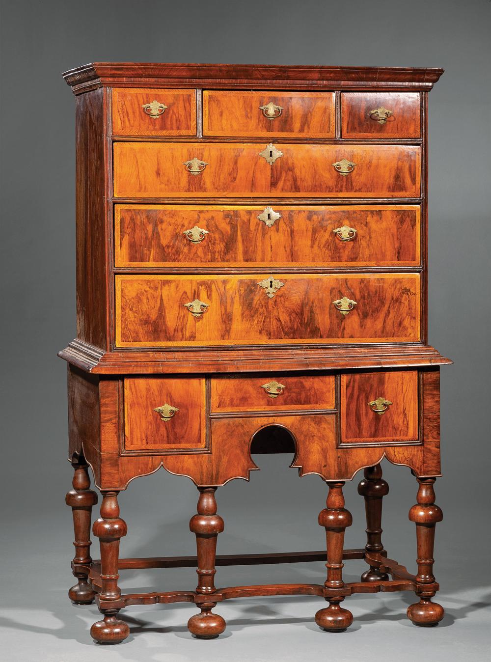 BURLED WALNUT AND OAK CHEST-ON-STANDAntique