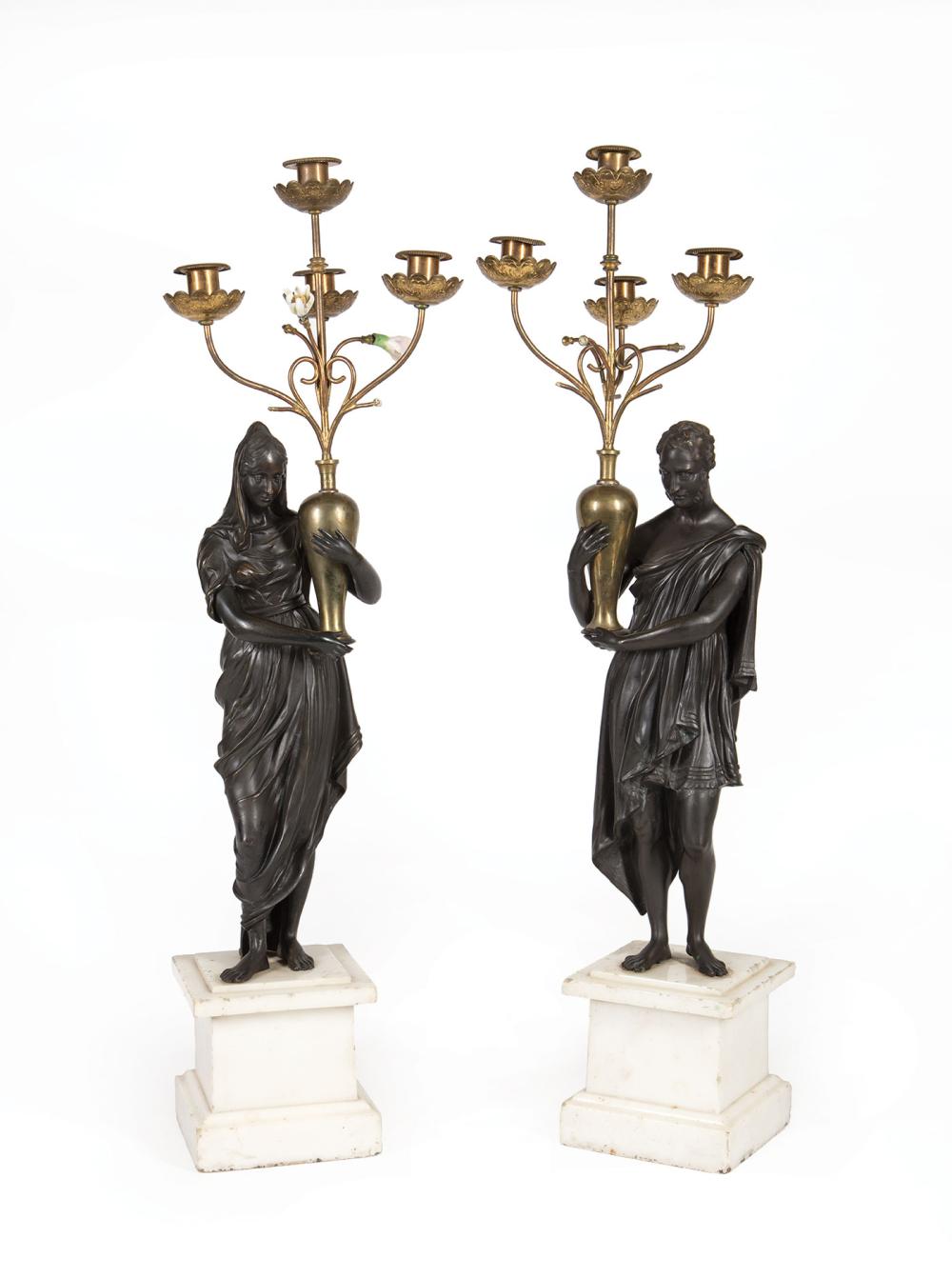 PATINATED BRONZE AND MARBLE CANDELABRAPair