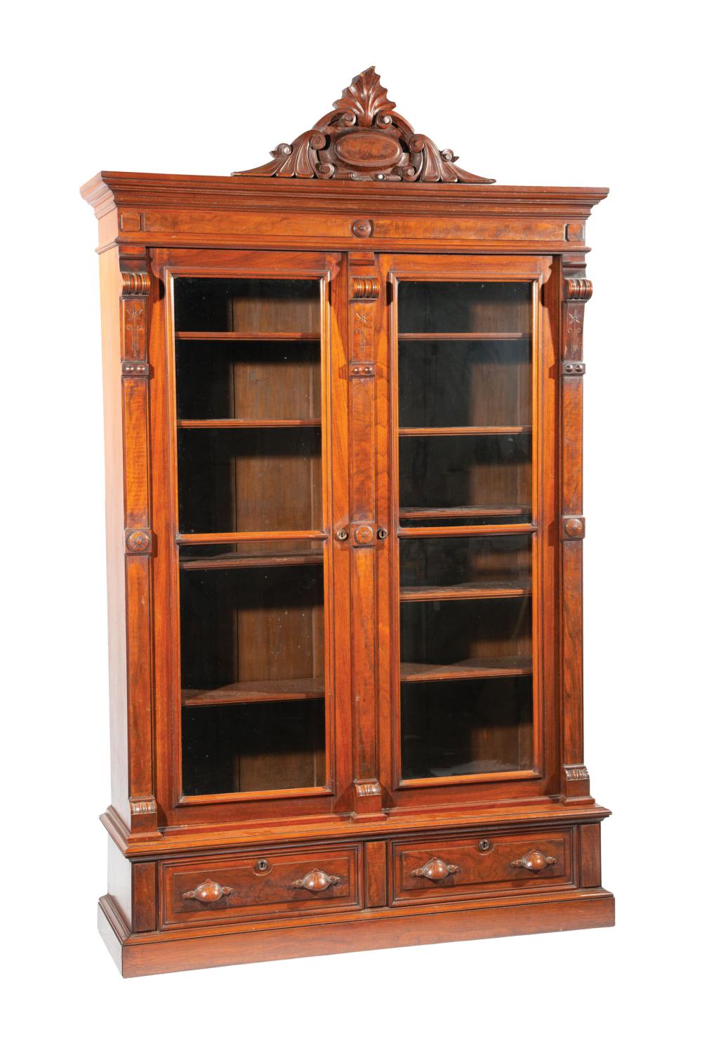 CARVED WALNUT AND BURL BOOKCASEAmerican 31ba4b