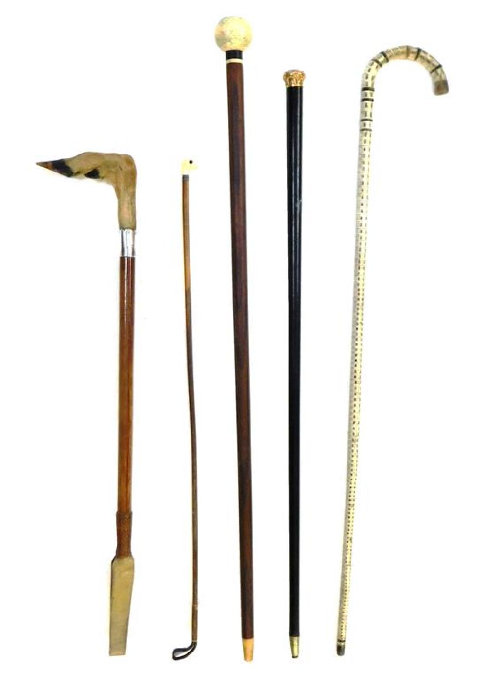 THREE 19TH C. CANES AND TWO WHIPS,