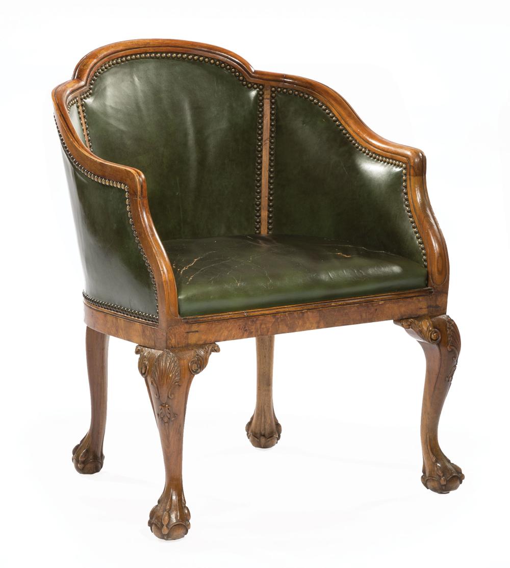 CARVED MAHOGANY AND LEATHER ARMCHAIRGeorge