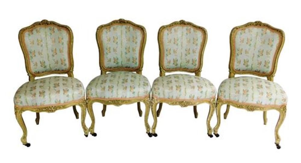 FOUR FRENCH SIDECHAIRS, BLUE UPHOLSTERY,