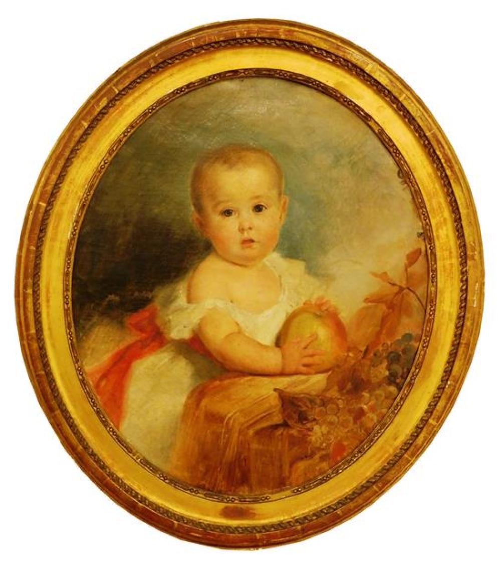 19TH C. OIL ON CANVAS, BABY HOLDING