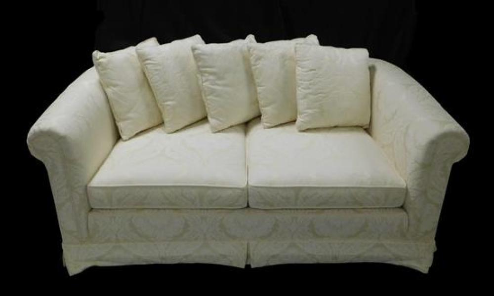 LOVE SEAT, CREAM DAMASK UPHOLSTERY,