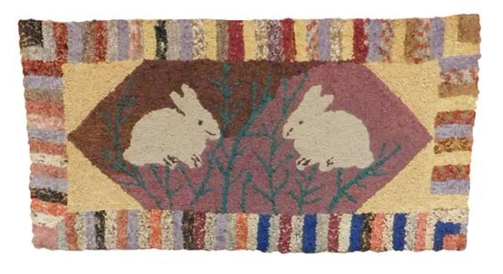 HOOKED RUG, DEPICTS TWO RABBITS