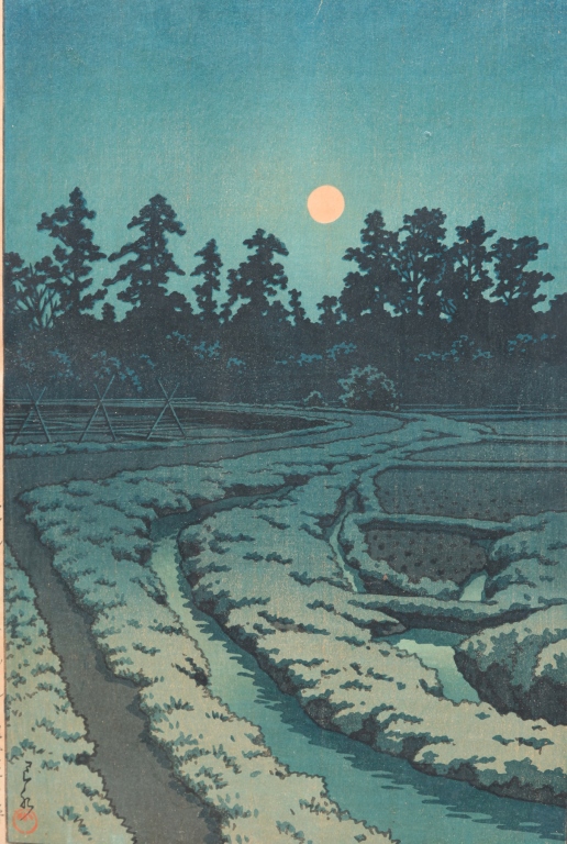 MOON AT AYASHI PRINT, KAWASE HASUI.