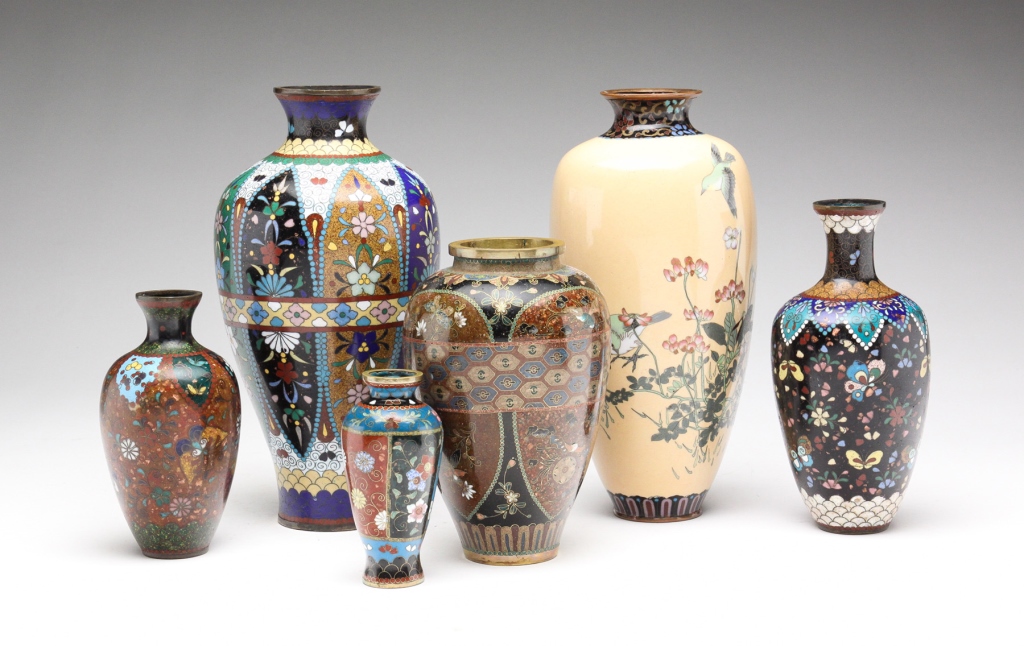 SIX JAPANESE CLOISONNE VASES. Meiji