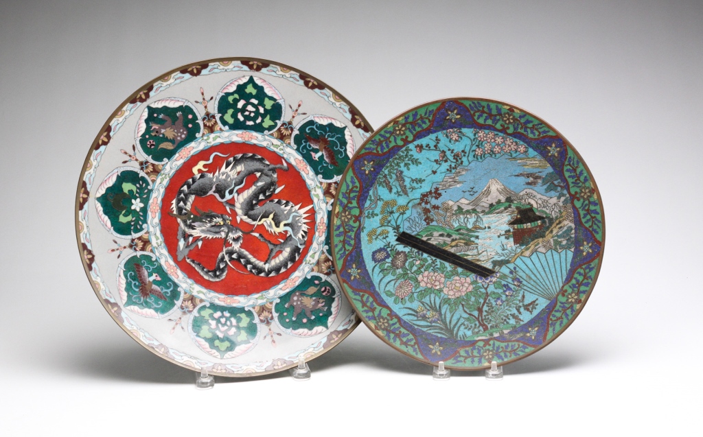 TWO JAPANESE CLOISONNE PLATES.