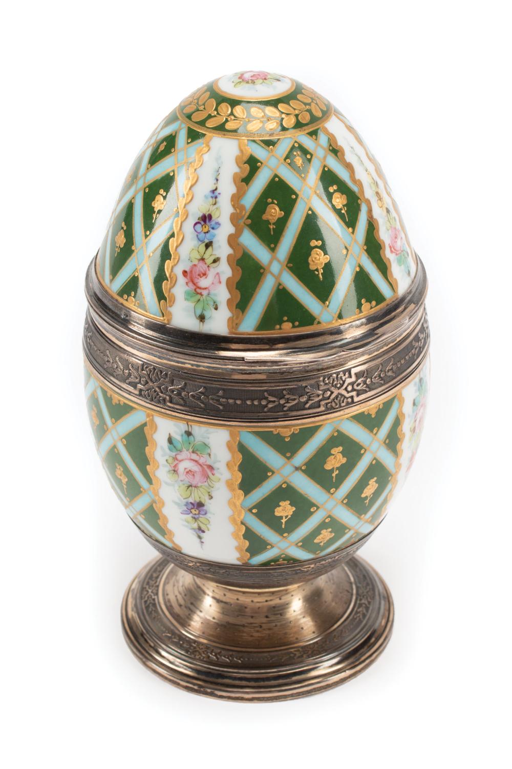 RUSSIAN SILVER-MOUNTED PORCELAIN EGGRussian