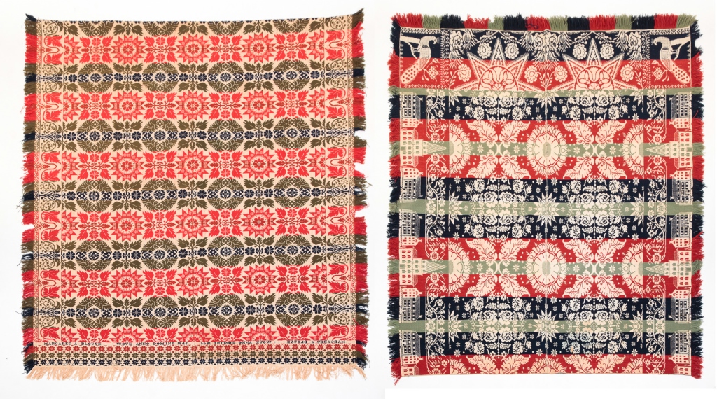 TWO AMERICAN JACQUARD COVERLETS.