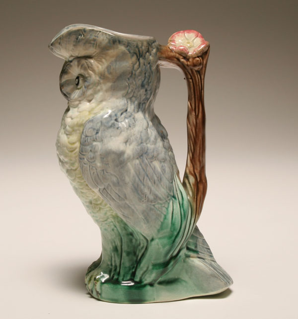 Figural majolica owl pitcher; cream