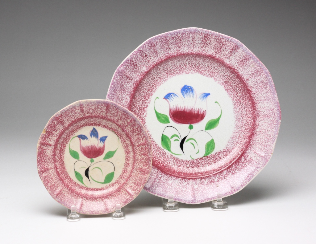 TWO ENGLISH TULIP SPATTERWARE PLATES.