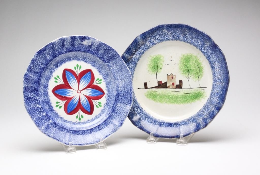 TWO ENGLISH SPATTERWARE PLATES.