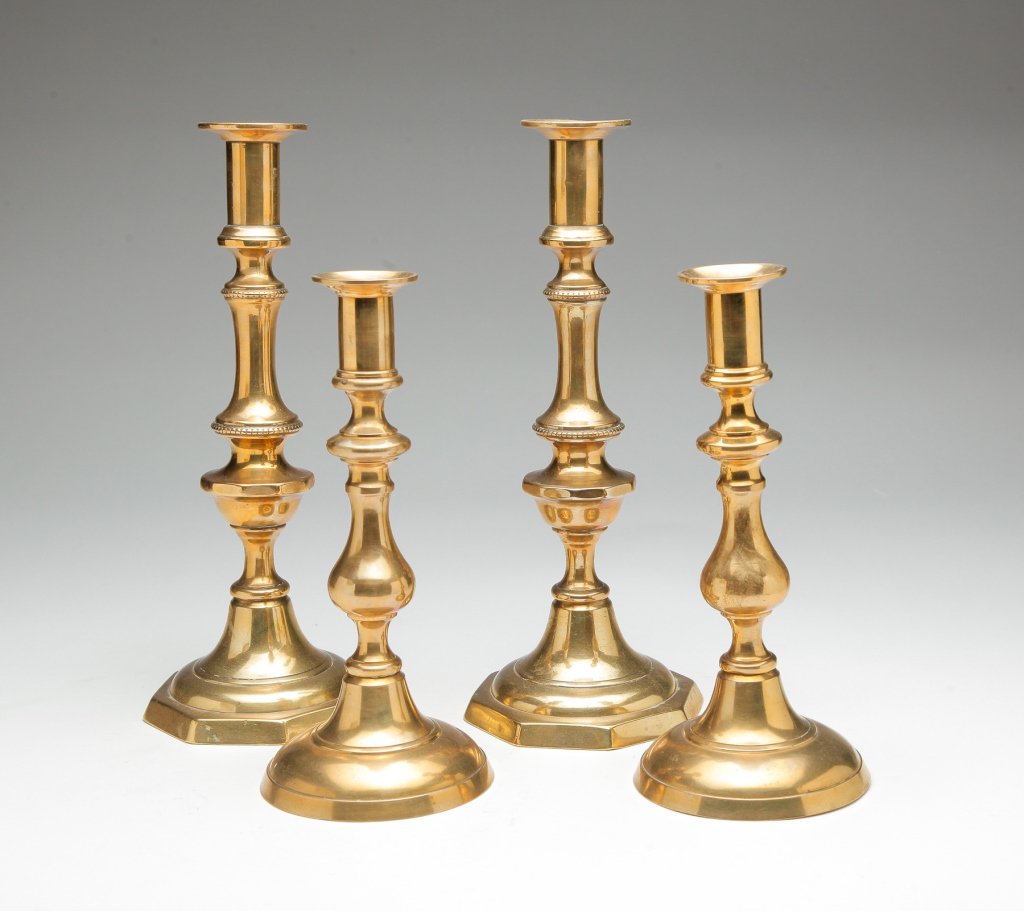 TWO PAIR OF ENGLISH BRASS CANDLESTICKS  3199bb