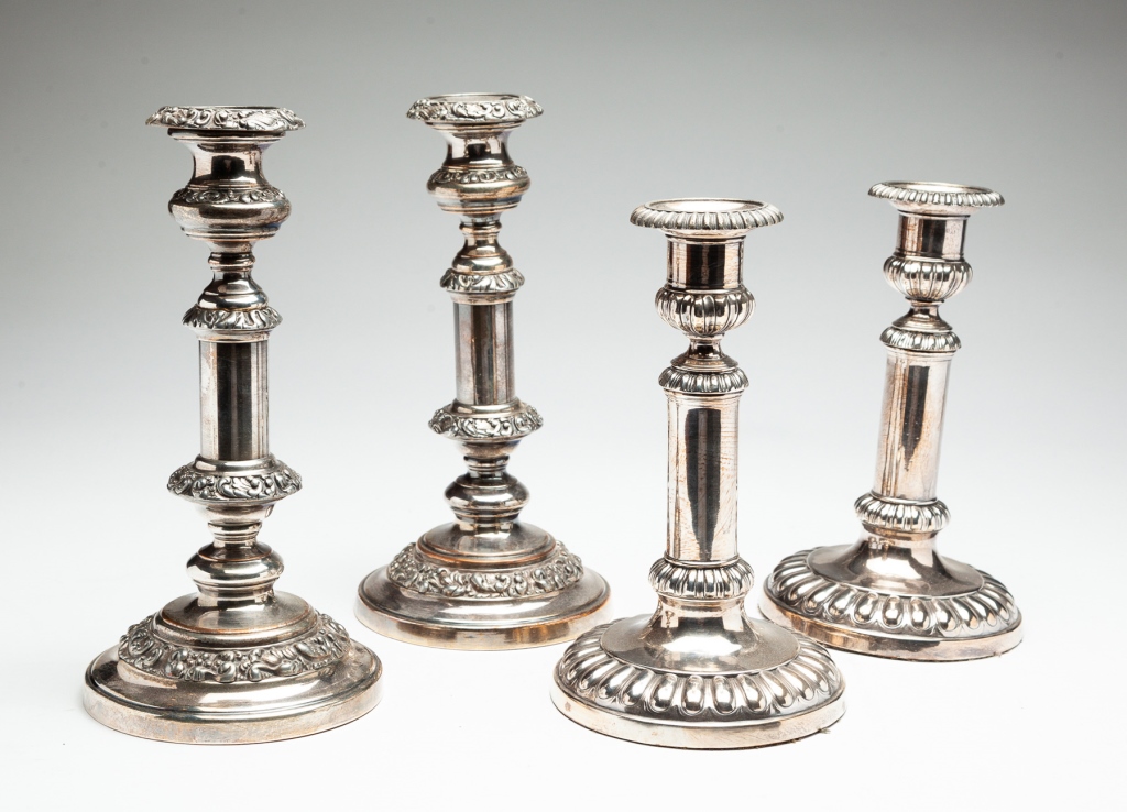TWO PAIR OF ENGLISH SHEFFIELD CANDLESTICKS.